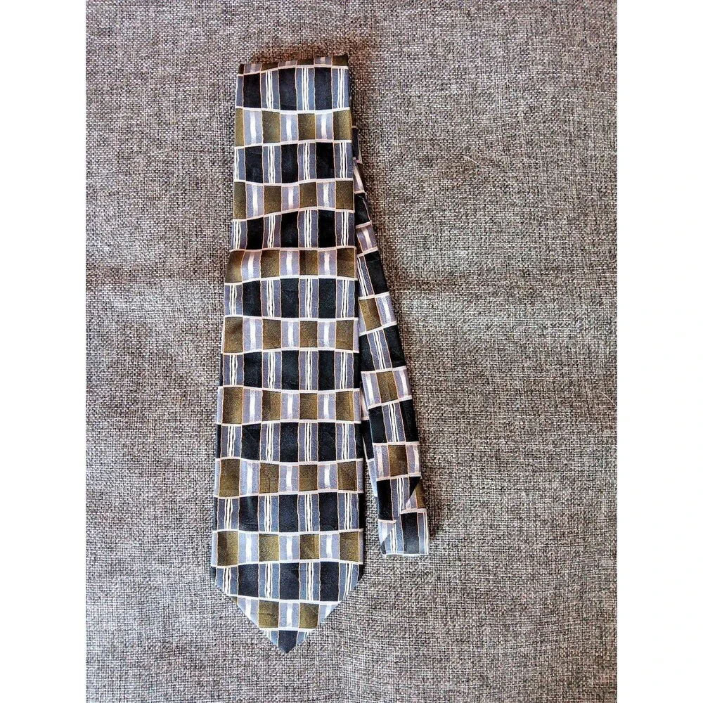 Tie 70s 80s 90s Y2K Mens Facets Silk Black Green Gray 3.75 Wide 58 Long